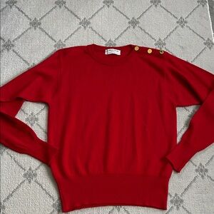 Gloria Sachs Women's Red Wool Crewneck Sweater with Gold Shoulder Buttons